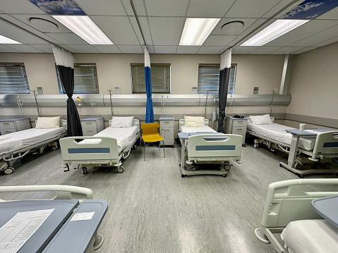 Beds in empty hospital ward