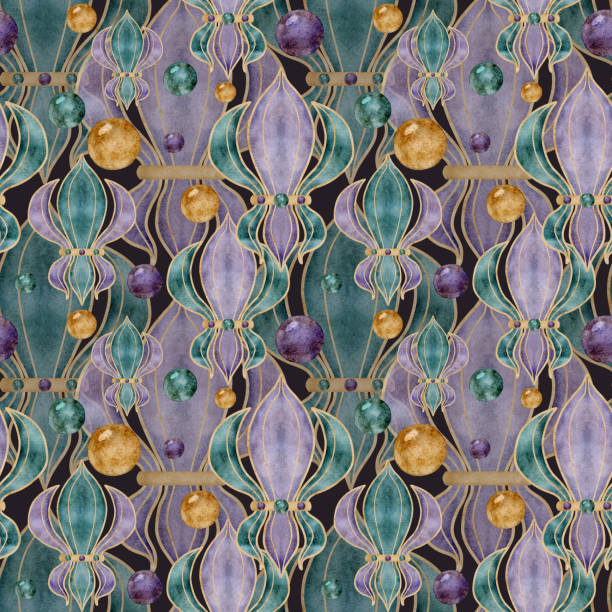 Hand drawn watercolor Mardi Gras carnival symbol. Fleur de lis iris lily flower with glass beads baubles confetti. Seamless pattern isolated on dark background. Design for party, print, shop, package Hand drawn watercolor Mardi Gras carnival symbol. Fleur de lis iris lily flower with glass beads baubles confetti. Seamless pattern isolated on dark background. Design for party, shop, print, package new orleans fleur de lis stock illustrations