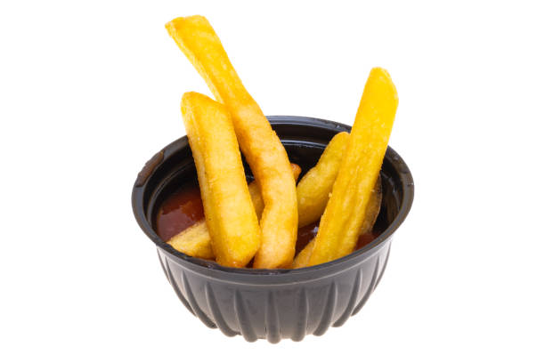 French fries with sauce isolated on white background