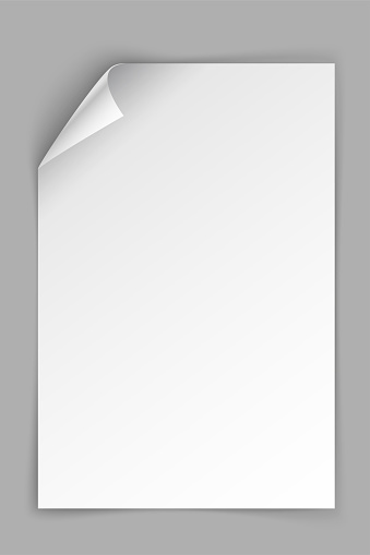 White paper vertical sheet with bending top left corner isolated on grey background. Vector illustration