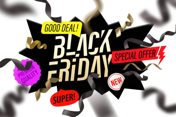 Vector illustration of Black friday sale concept. Explotion effect with dirrerent shopping labels