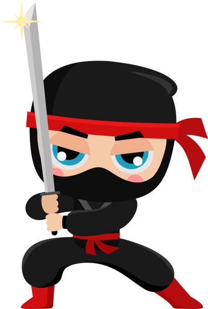 Śliczna postać z kreskówki ninja boy warrior z mieczem katana. Gotowy do walki – artystyczna grafika wektorowa