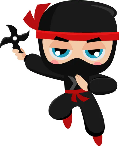 Vector illustration of Cute Ninja Boy Warrior Cartoon Character Jumping With Shuriken