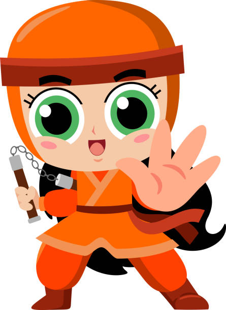 illustrazioni stock, clip art, cartoni animati e icone di tendenza di simpatico personaggio dei cartoni animati ninja girl warrior con nunchaku in azione - 15796