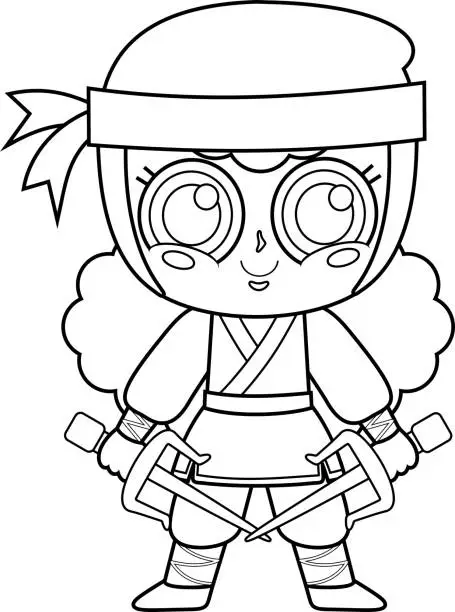 Vector illustration of Outlined Cute Ninja Girl Warrior Cartoon Character With Two Sai Knives