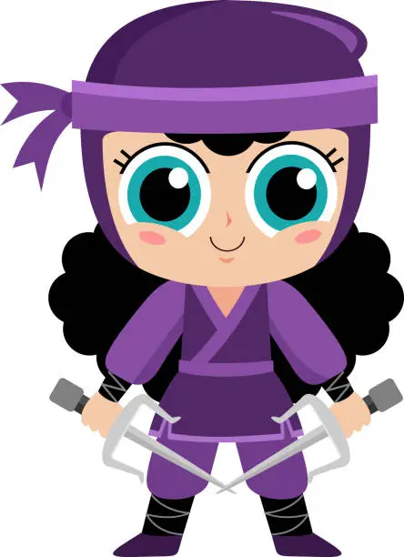 Vector illustration of Cute Ninja Girl Warrior Cartoon Character With Two Sai Knives