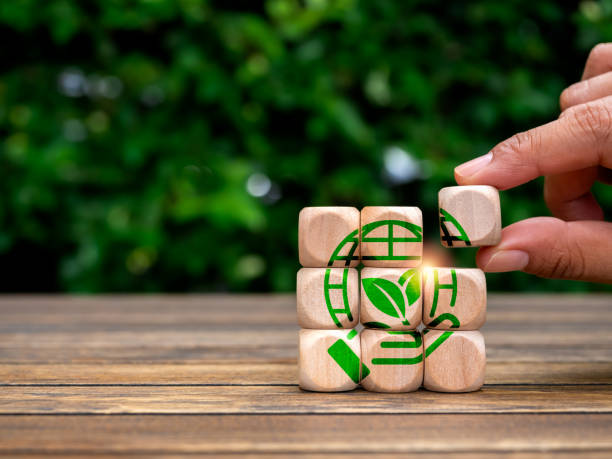 istock Earth care, global warming, environment responsibility, world earth day concepts. Green hand hold world, symbol in hand put on wooden cube puzzle blocks on green leaves background with copy space. 1967128393
