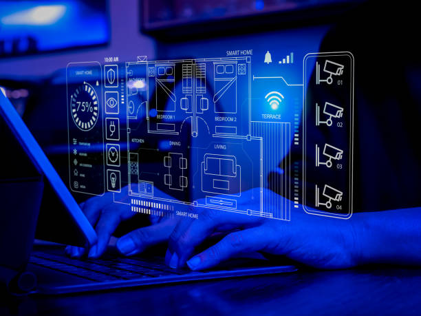 istock Smart home technology concept. Virtual interface of digital house floor plan section for automation assistant technology, security camera, electricity control screen on laptop computer, blue tone. 1967128913