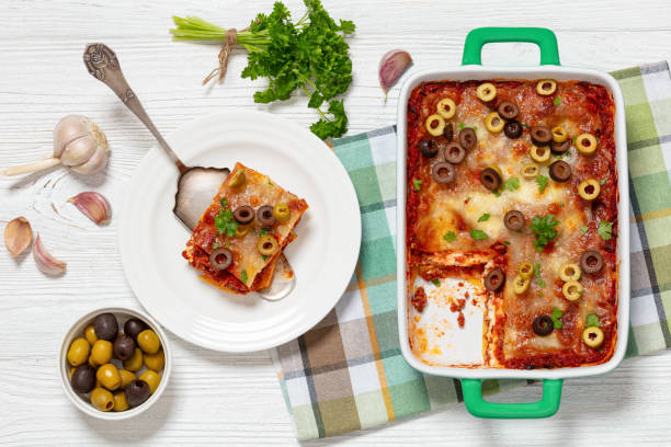 Portion of lasagne on white plate