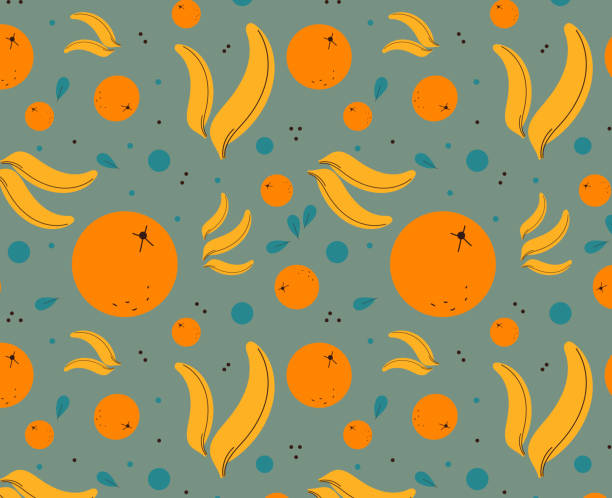 ilustrações, clipart, desenhos animados e ícones de vector seamless pattern with orange fruit and banana for baby child nursery textile. vector  cartoon doodle flat illustration. - grapefruit backgrounds circle citrus fruit