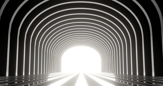 Dark corridor with light at end of tunnel. Abstract interior curved geometric structure design