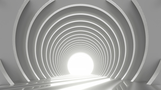 3D rendering of an empty white tunnel corridor. Abstract interior curved frame geometric structure design for trade show display background.