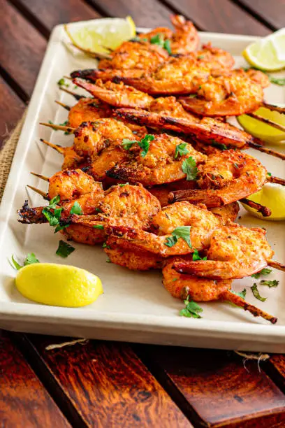 Shrimp Appetizer, Grilled Shrimps with Condiment,  Vertical Food Photo