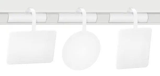 Vector illustration of Rectangular, round, square shelf wobbler. Vector mockup set. White blank supermarket dangler realistic mock-up