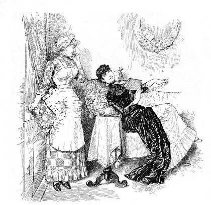 In the parlor, the maid mildly amused announces a visitor (a suitor ?) to the young lady relaxing on the sofa with a book