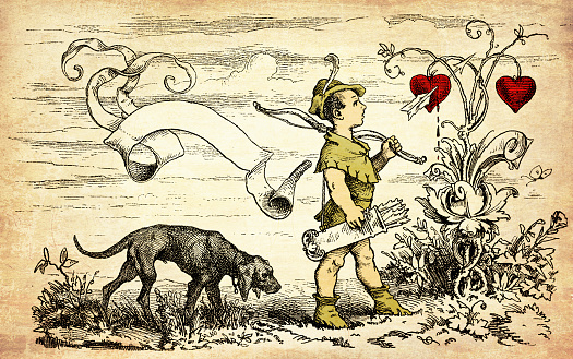 Vintage Valentine card with copyspace: cute Cupid goes hunting for hearts with bow and arrows