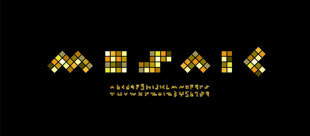 Mosaic golden font alphabet, Latin letters and Arab numbers made in geometric decorative tile style, vector illustration 10eps