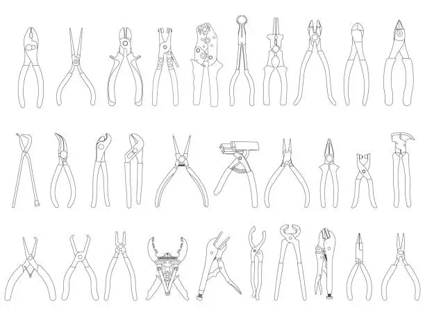 Vector illustration of Hand drawn Kids drawing Cartoon Vector illustration Set Different Types pliers icon Isolated on White Background