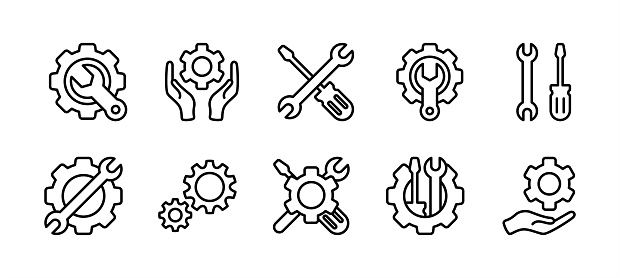 Tools and Service icon set. Containing wrench, screwdriver, spanner and gear icon symbol for repair, settings, maintenance, installation, technical. Vector illustration