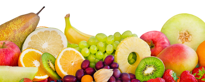 Panoramic close-up of flying or falling fruits, studio shot, selective focus for 3D look.    