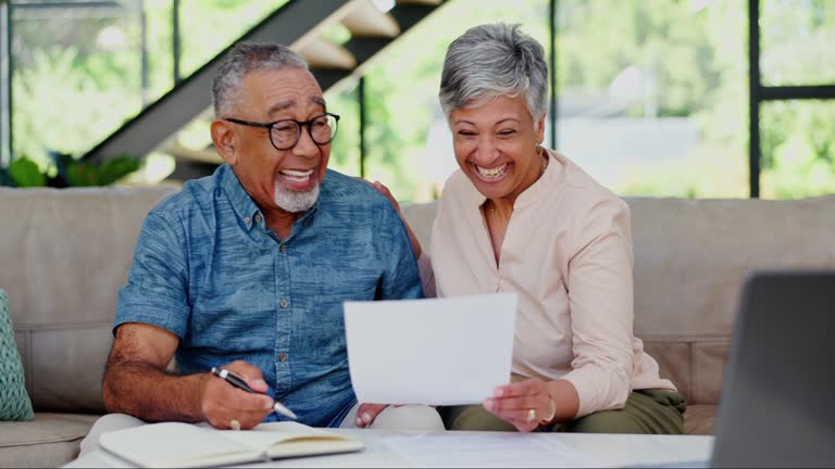 Paperwork, senior couple and excited for financial accounting results, pension income or bank payment discount. Invoice, home or old people smile for credit increase, finance budget or savings profit