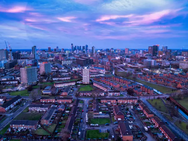 Aerial image of Manchester Miles platting area showing urban developments early morning