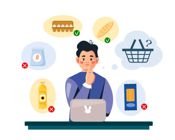 Global food shortage. A man buys food in an online store. Vector Global food shortages and rising prices. A man is sitting at his laptop and trying to buy food in an online store. Vector illustration in cartoon style money shortage stock illustrations