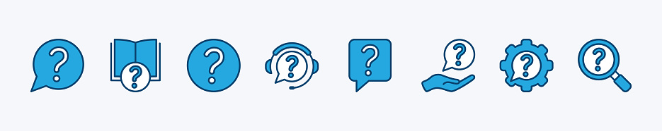 Set of question mark icon. Containing inquire message, instruction book, help button, service and support, chat guide, privacy policy, searching. Vector illustration
