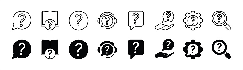 Question mark icon set. Containing inquire message, instruction book, help button, service and support, chat guide, privacy policy, searching. Vector illustration
