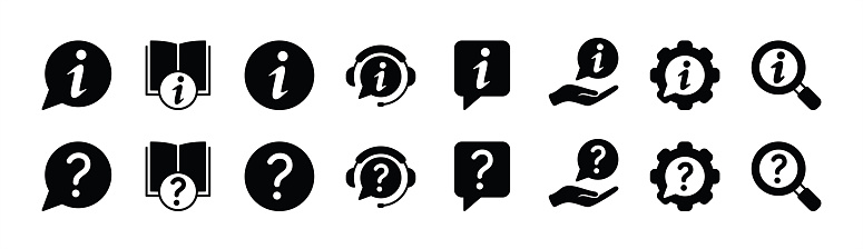 Info and question mark icon set. Containing inquire message, information and instruction book, help button, service and support, chat guide, privacy policy, searching. Vector illustration
