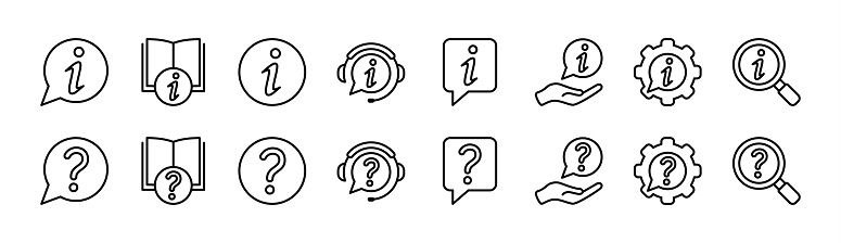 Info and question mark thin line icon set. Containing inquire message, information and instruction book, help button, service and support, chat guide, privacy policy, searching. Vector illustration