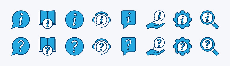 Set of info and question mark icon. Containing inquire message, information and instruction book, help button, service and support, chat guide, privacy policy, searching. Vector illustration