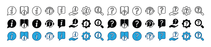 Set of info and question mark icon. Containing inquire message, information and instruction book, help button, service and support, chat guide, privacy policy, searching. Vector illustration