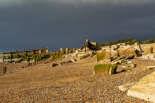A storm approaching on the beach in Atherington, West Sussex, England, UK