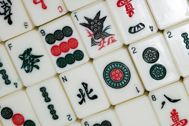 Mahjong Or mah-jongg Game Pieces and Dice Close Up stock photo