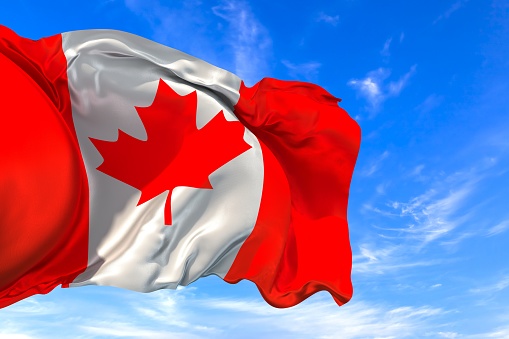 The national flag of Canada with fabric texture waving in the wind on a blue sky. 3D Illustration