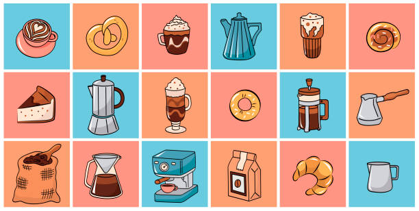 ilustrações de stock, clip art, desenhos animados e ícones de coffee collection, different coffee elements on pastel square background. cute cartoon icons in doodle style. vector illustration for bakery or coffee house. - coffee bagel donut coffee cup