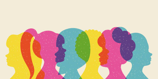 Silhouette different women in risograph Silhouette of different women in risograph style with texture effect.International Women's Day, feminism, diversity.Retro 70s, 80s.Vector stock illustration. riso print stock illustrations
