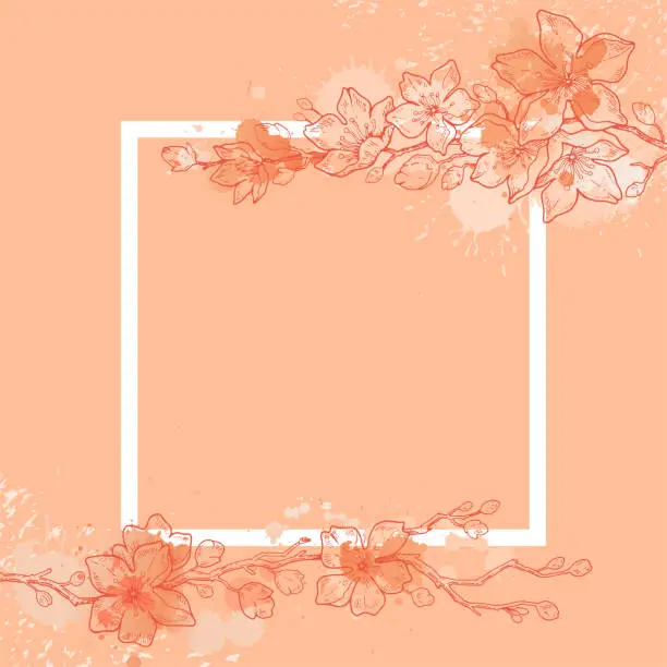 Vector illustration of 2024 year color frame. Peach tree blossom. Fuzz branch pattern. Peach flower background in soft palette. Abstract fuzz 2024 year colour. Spring japanese summer fashion, interior design trendy palette