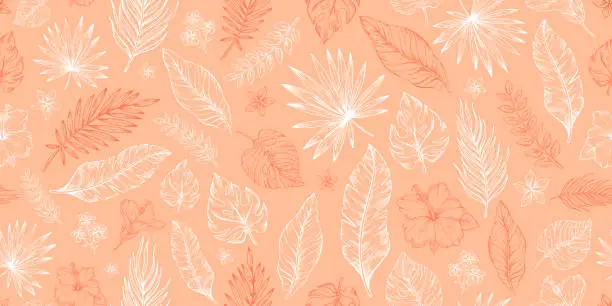 Vector illustration of 2024 peach palm leaf color pattern. Seamless fuzz color tropical background. Peach abstract 2024 year colour pattern. Sketch spring summer palette drawing. Abstract fuzz seamless fashion design vector