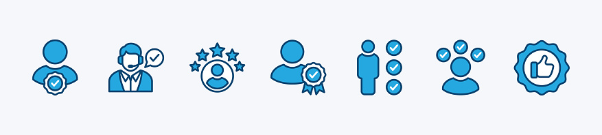 Set of professional service and support icon. Containing certify badge, multi-talented, skills, rating stars, and recommended person for management business. Vector illustration