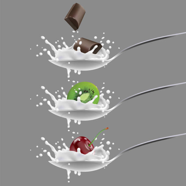 istock Yogurt, milk splashes on spoon with fruits and chocolate 1967375268