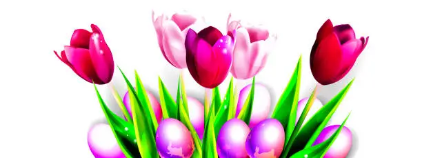 Vector illustration of Easter celebration concept in realistic style. Pink and scarlet tulips and Easter pearl eggs on an isolated white background. Easter spring set for festive decoration.