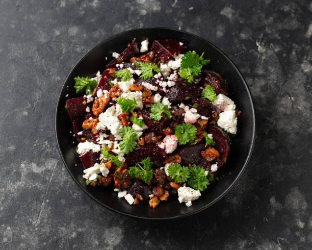 Healthy Beetroot salad with feta cheese and walnuts.