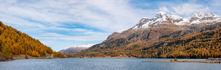 Scenic autumn landscape at lake Silvaplana near St. Moritz, Switzerland
