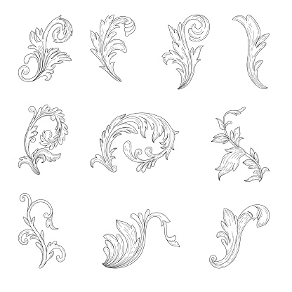 Decorative ornamental floral corners set. rococo and baroque style. set of scrolls and vignettes in Victorian style.