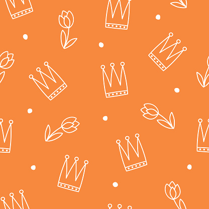 Koningsdag (King's Day) seamless pattern with hand drawn doodle tulip flowers and crowns on orange background. Dutch culture theme. Vector illustration.