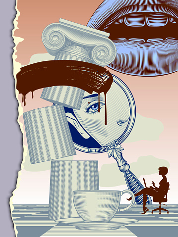 Collage in the style of a color engraving with elements of a falling antique column, female lips and an eye in a mirror, a coffee cup and a silhouette of a 

businesswoman with a laptop. Vector illustration for poster or cover