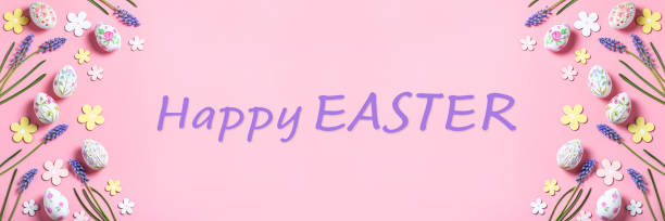easter card with flower design eggs, hyacinths and happy easter quote - 11084 photos et images de collection