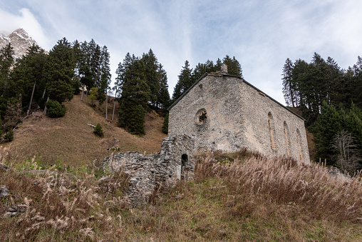 Abandoned gothic church San Gaudenzio at the Maloja pass, Switzerland